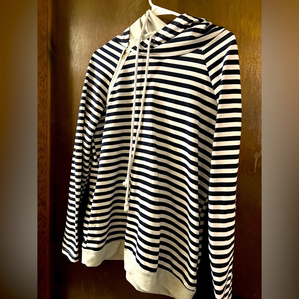 Navy and white striped asymmetrical hoodie, size medium, no brand